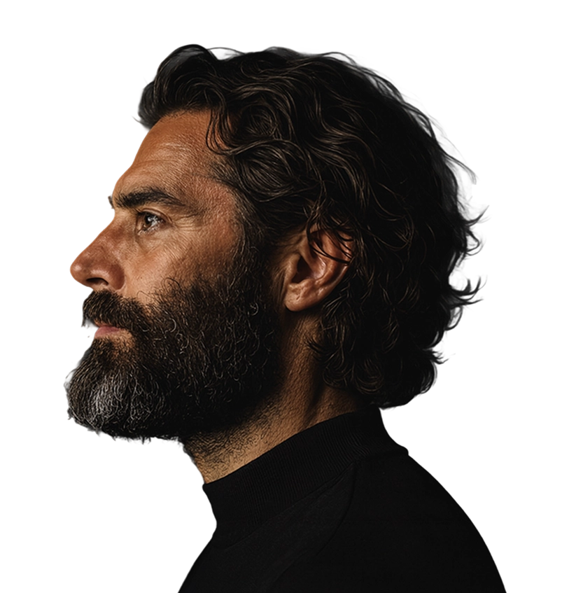 Profile portrait of a stylish bearded man against a dark green background, representing modern masculinity and premium barber services at Eddine Belaid Barber Shop.